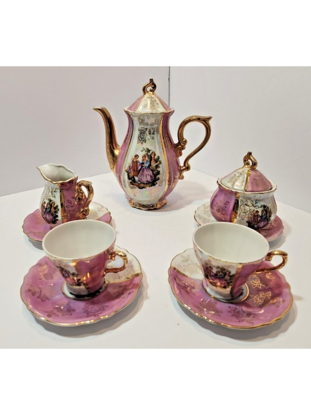 Vtg Lusterware Courting Couple Demitasse Tea Set Teapot Sugar Bowl Creamer 2 Cup